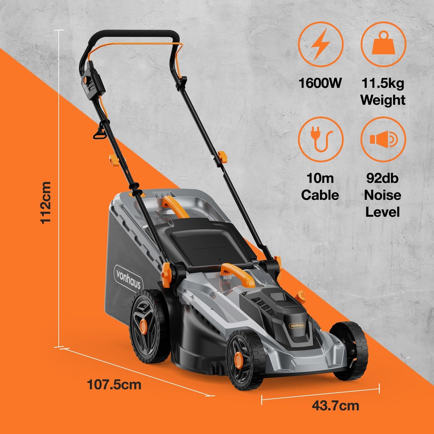 1600W Electric Lawn Mower with 42L Collection Bag & Adjustable Cutting Heights